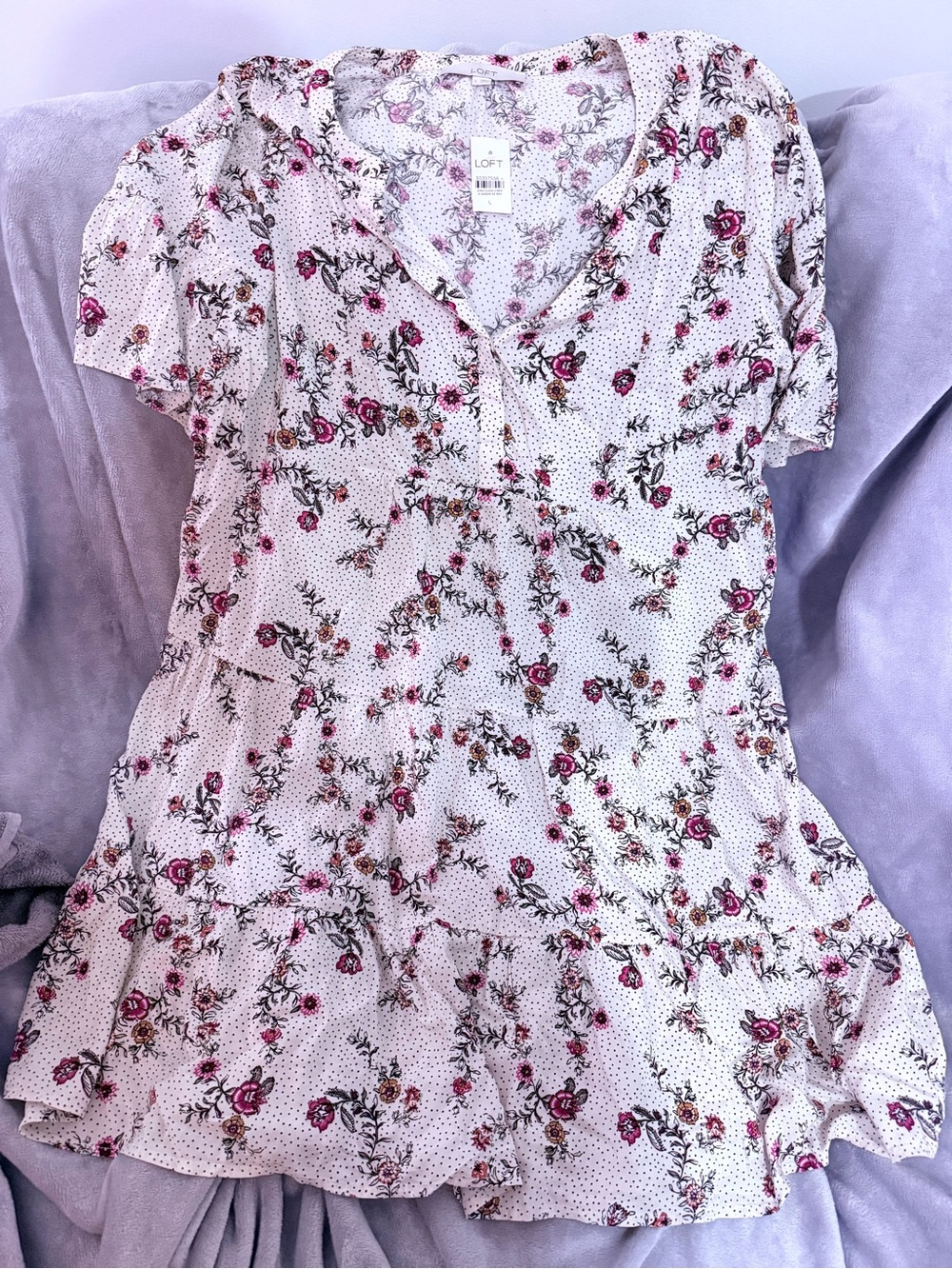 NWT LOFT White Floral Dress with Pink FLOWERS Size L